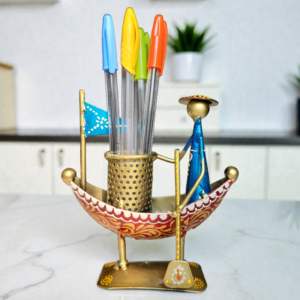 Handcrafted Kerala Boat Shaped Metal Showpiece with Pen Stand | Traditional Indian Decor | Ethnic Desk Organizer | Antique Boat Design Table Accent | Handmade Art 5x1.5x5.5