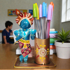 “Krishna Inspired Metal Pen Stand – Artistic Office & Home Decor”